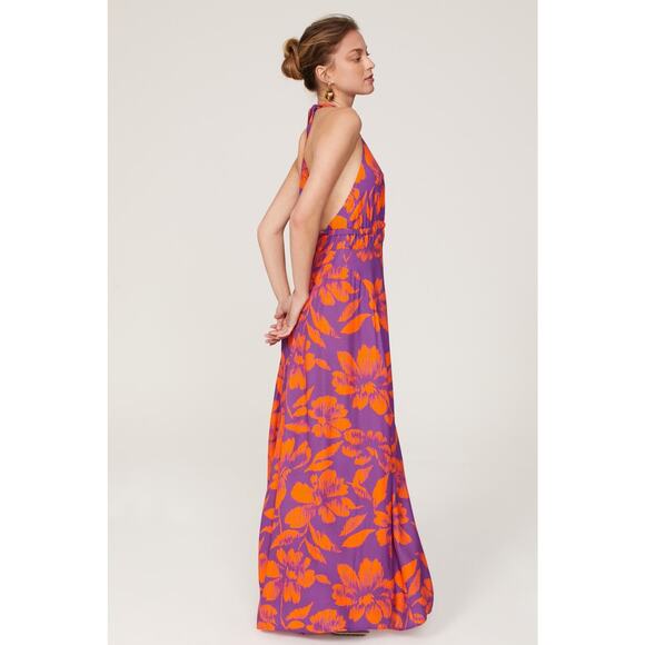 AFRM Nor Purple Orange Hibiscus Tropical Floral Print Hawaiian Halter Maxi Dress - Picture 2 of 16